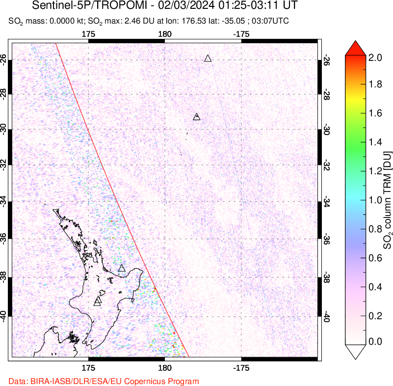 A sulfur dioxide image over New Zealand on Feb 03, 2024.