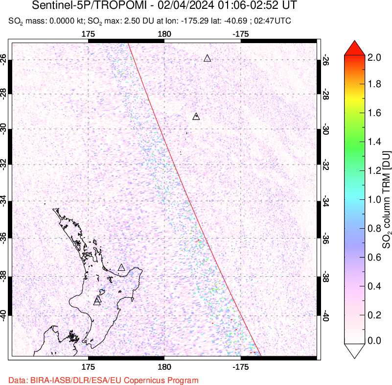 A sulfur dioxide image over New Zealand on Feb 04, 2024.