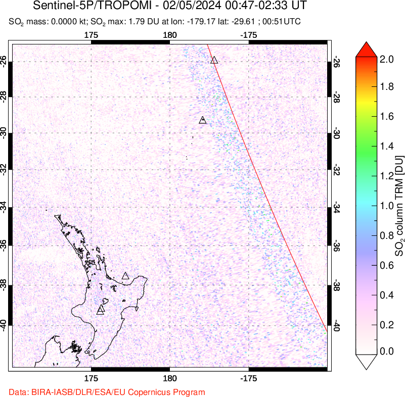 A sulfur dioxide image over New Zealand on Feb 05, 2024.