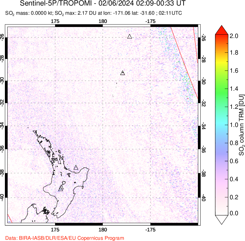 A sulfur dioxide image over New Zealand on Feb 06, 2024.