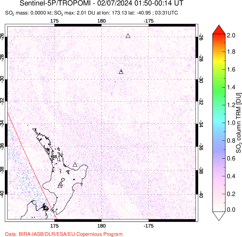 A sulfur dioxide image over New Zealand on Feb 07, 2024.