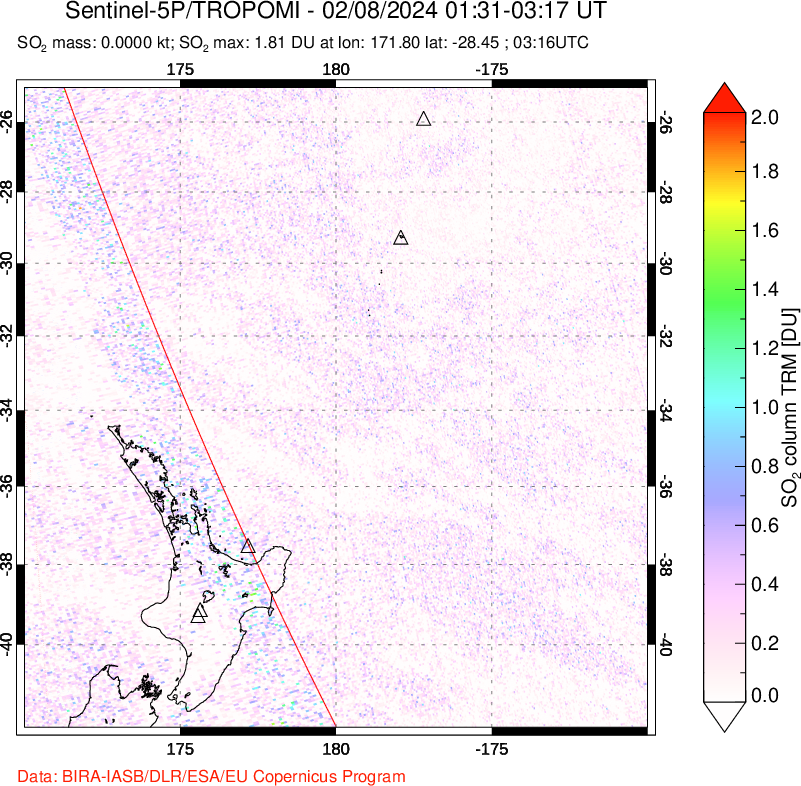 A sulfur dioxide image over New Zealand on Feb 08, 2024.