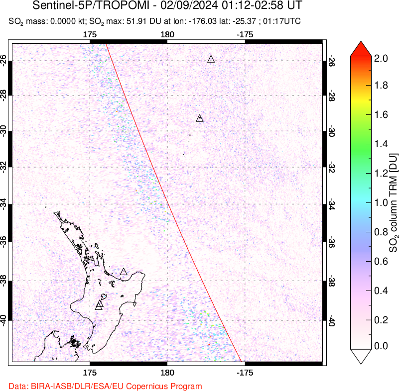 A sulfur dioxide image over New Zealand on Feb 09, 2024.