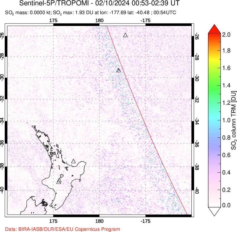 A sulfur dioxide image over New Zealand on Feb 10, 2024.