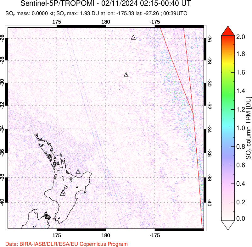 A sulfur dioxide image over New Zealand on Feb 11, 2024.