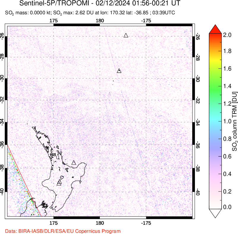 A sulfur dioxide image over New Zealand on Feb 12, 2024.