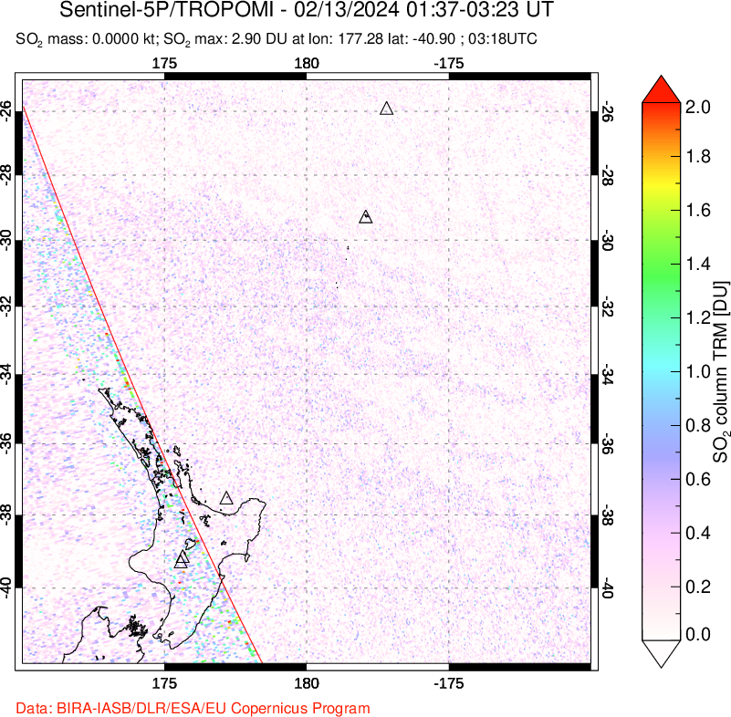 A sulfur dioxide image over New Zealand on Feb 13, 2024.