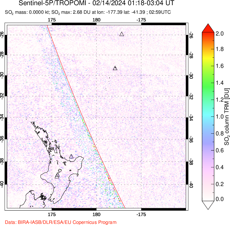 A sulfur dioxide image over New Zealand on Feb 14, 2024.