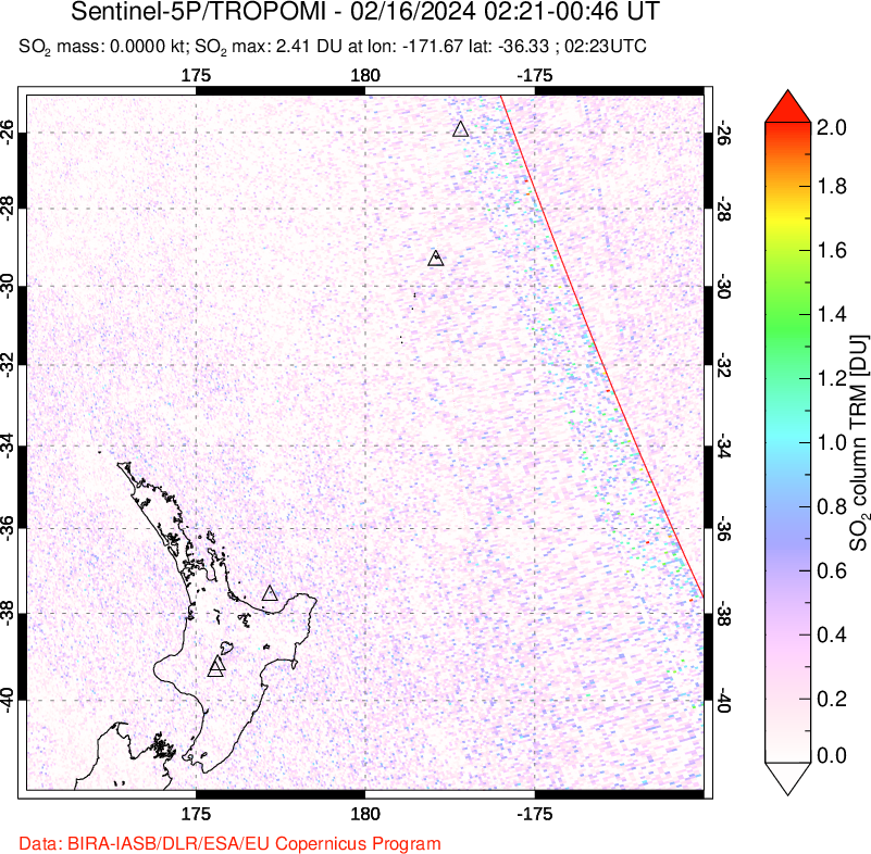 A sulfur dioxide image over New Zealand on Feb 16, 2024.