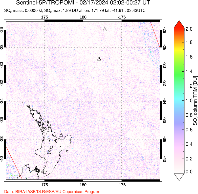 A sulfur dioxide image over New Zealand on Feb 17, 2024.