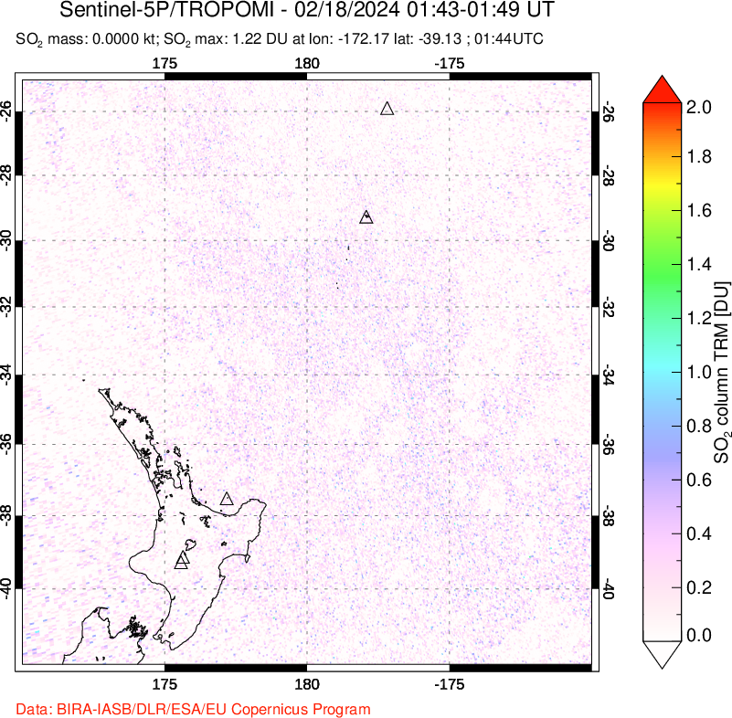 A sulfur dioxide image over New Zealand on Feb 18, 2024.