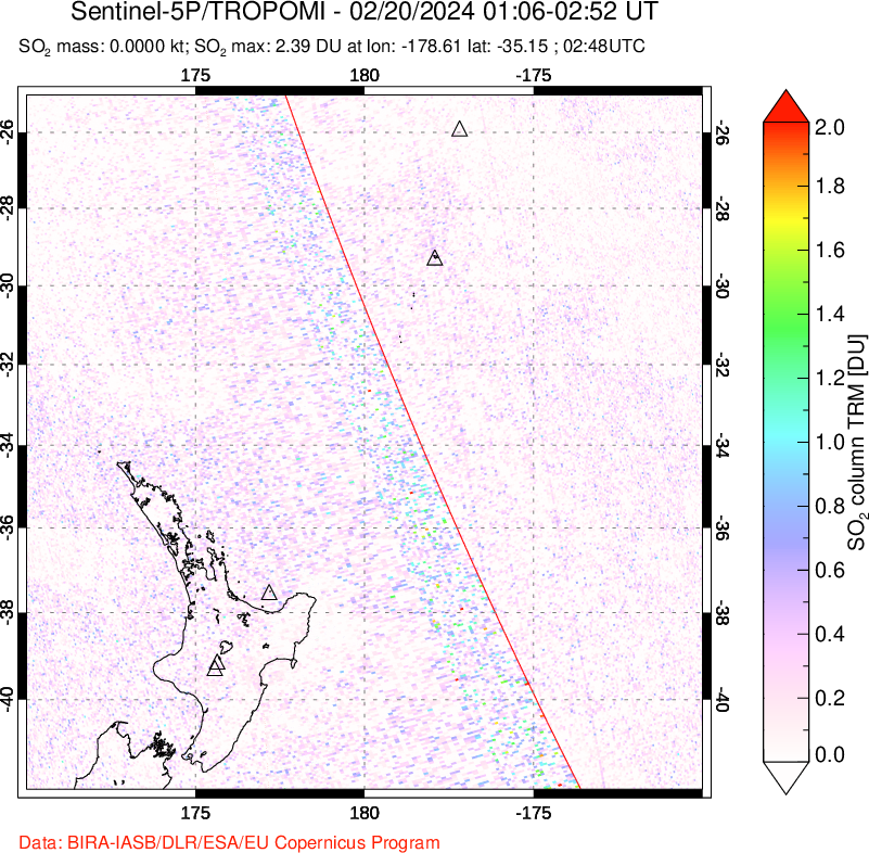 A sulfur dioxide image over New Zealand on Feb 20, 2024.