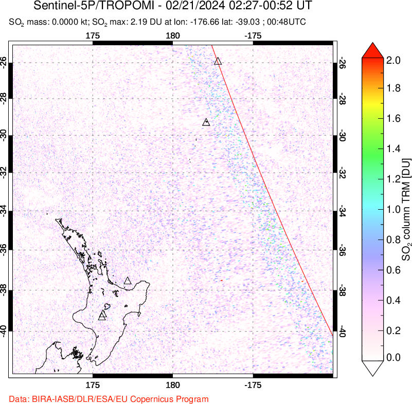 A sulfur dioxide image over New Zealand on Feb 21, 2024.