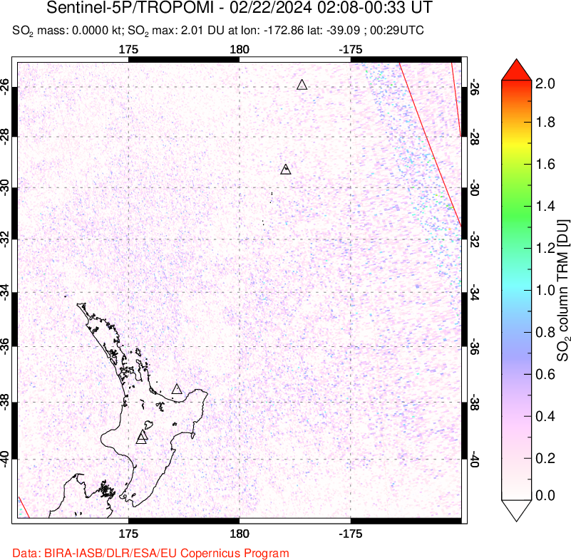 A sulfur dioxide image over New Zealand on Feb 22, 2024.