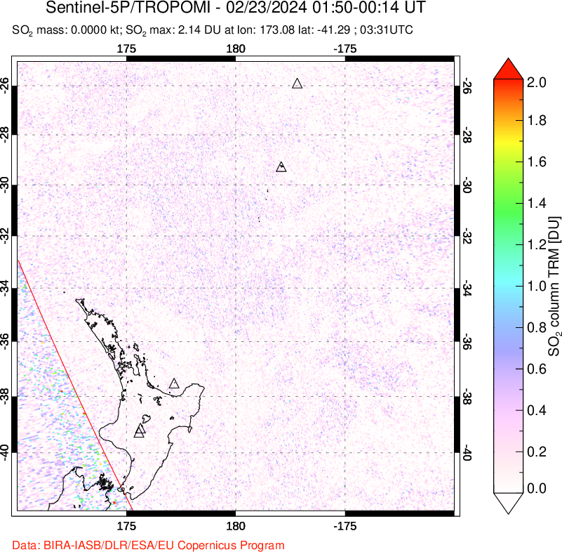 A sulfur dioxide image over New Zealand on Feb 23, 2024.