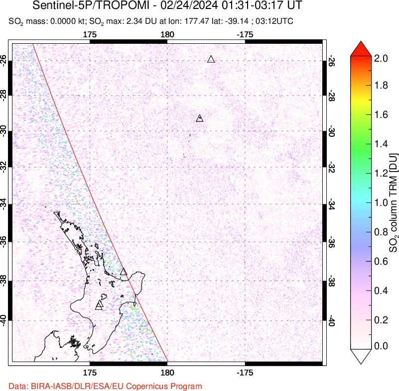 A sulfur dioxide image over New Zealand on Feb 24, 2024.