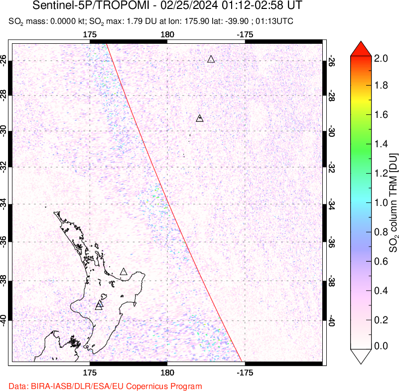 A sulfur dioxide image over New Zealand on Feb 25, 2024.