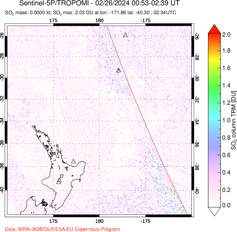 A sulfur dioxide image over New Zealand on Feb 26, 2024.