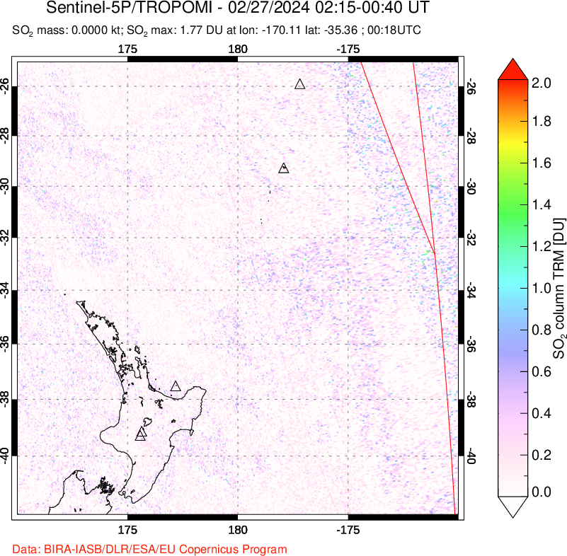 A sulfur dioxide image over New Zealand on Feb 27, 2024.