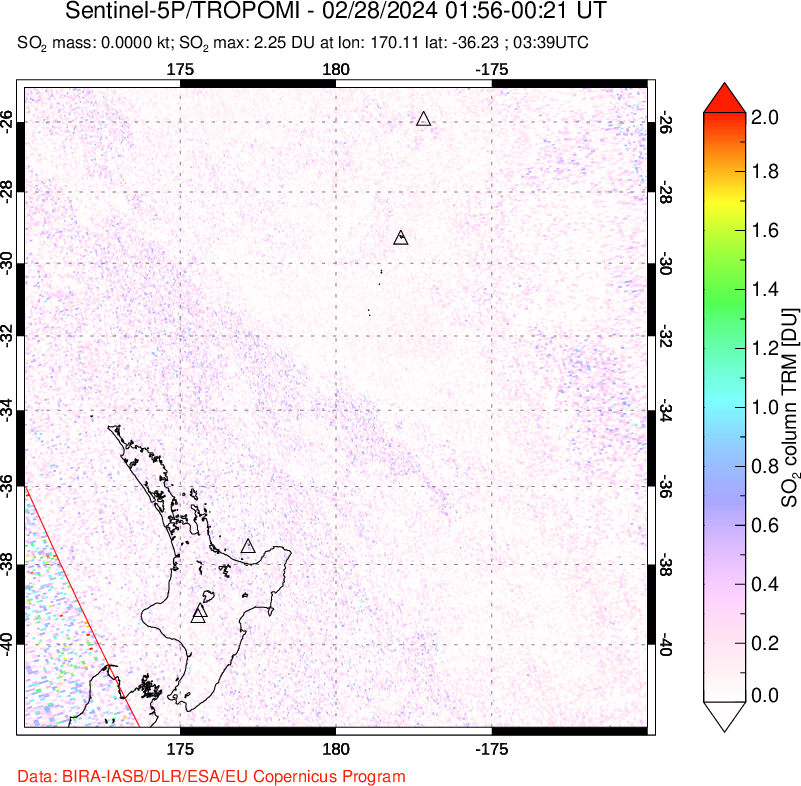 A sulfur dioxide image over New Zealand on Feb 28, 2024.