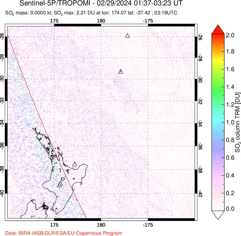 A sulfur dioxide image over New Zealand on Feb 29, 2024.