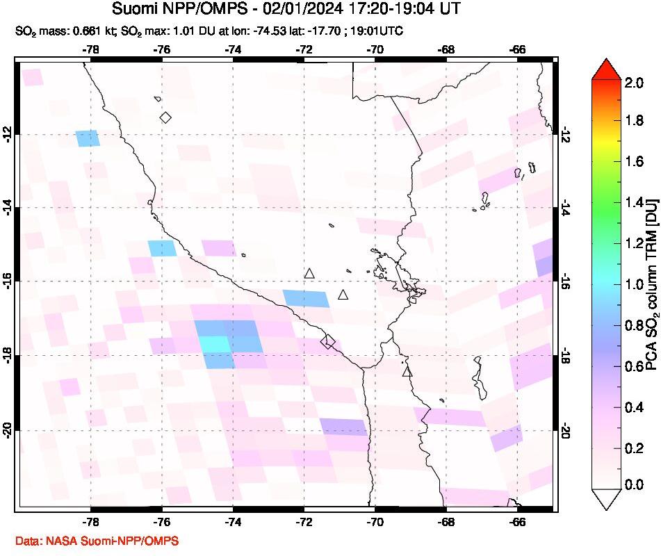 A sulfur dioxide image over Peru on Feb 01, 2024.