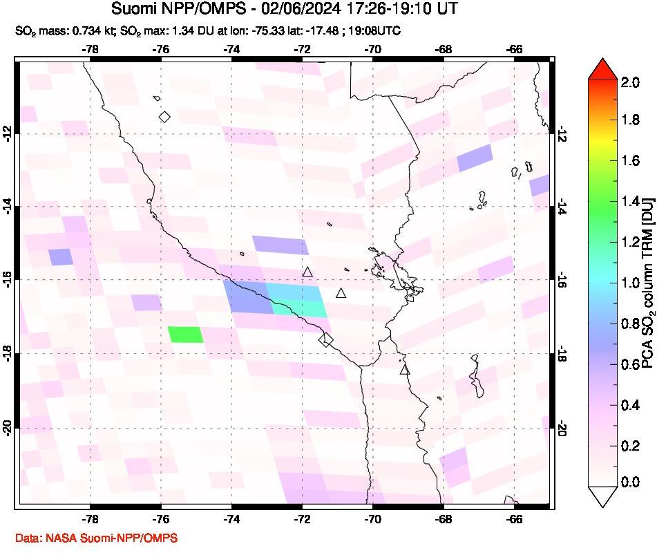 A sulfur dioxide image over Peru on Feb 06, 2024.