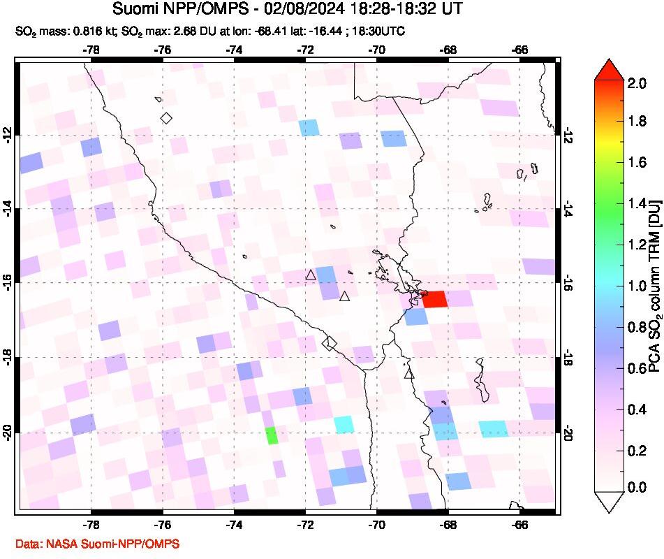 A sulfur dioxide image over Peru on Feb 08, 2024.