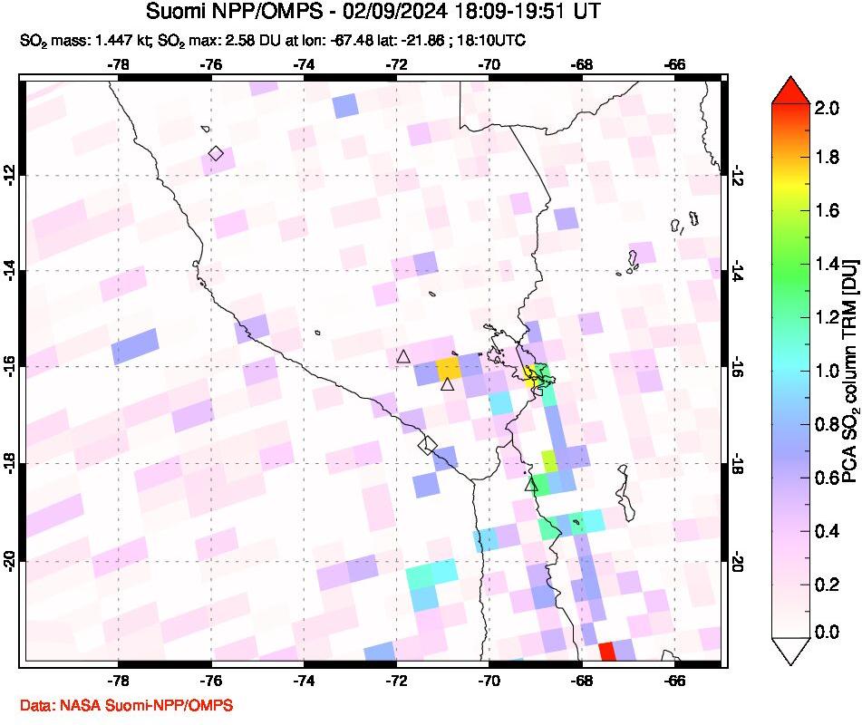 A sulfur dioxide image over Peru on Feb 09, 2024.