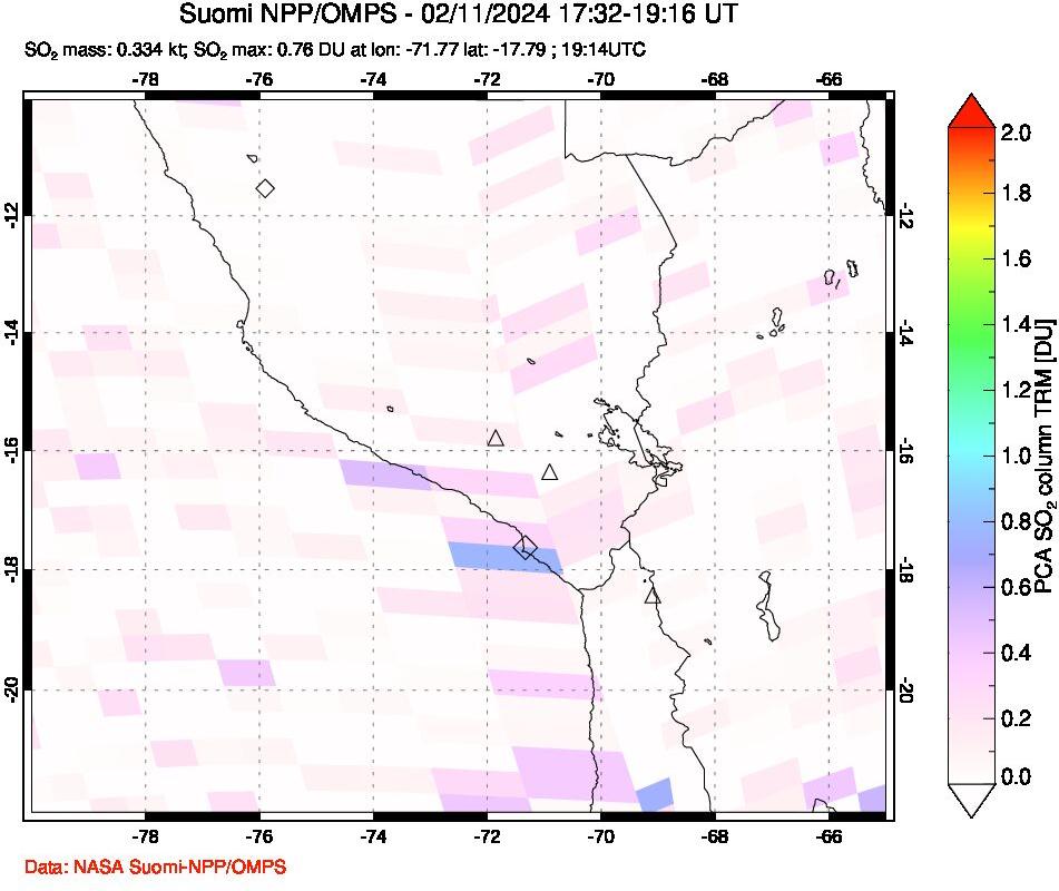 A sulfur dioxide image over Peru on Feb 11, 2024.