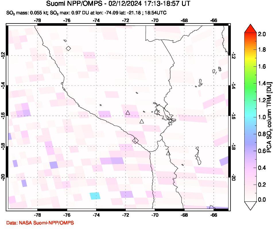 A sulfur dioxide image over Peru on Feb 12, 2024.