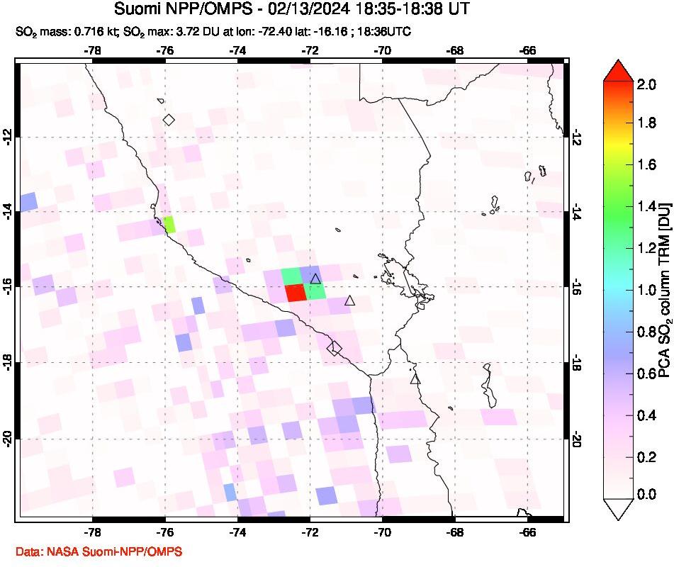 A sulfur dioxide image over Peru on Feb 13, 2024.