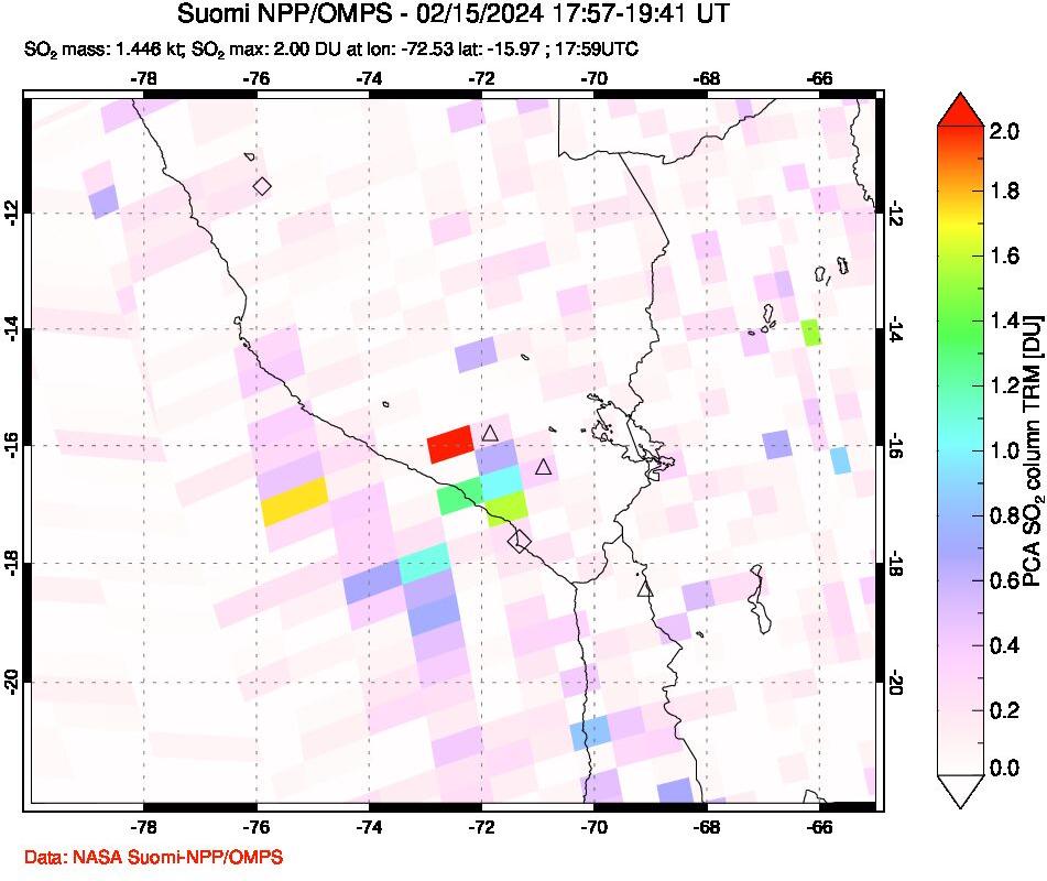 A sulfur dioxide image over Peru on Feb 15, 2024.