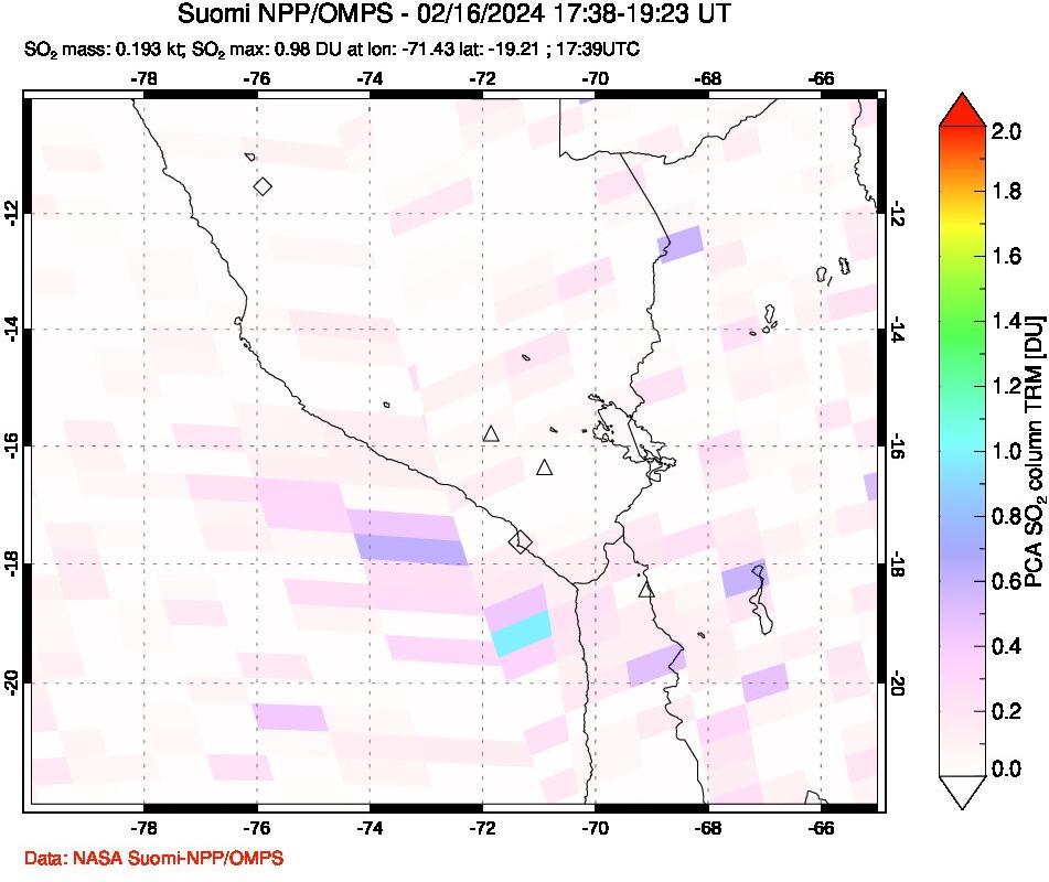 A sulfur dioxide image over Peru on Feb 16, 2024.