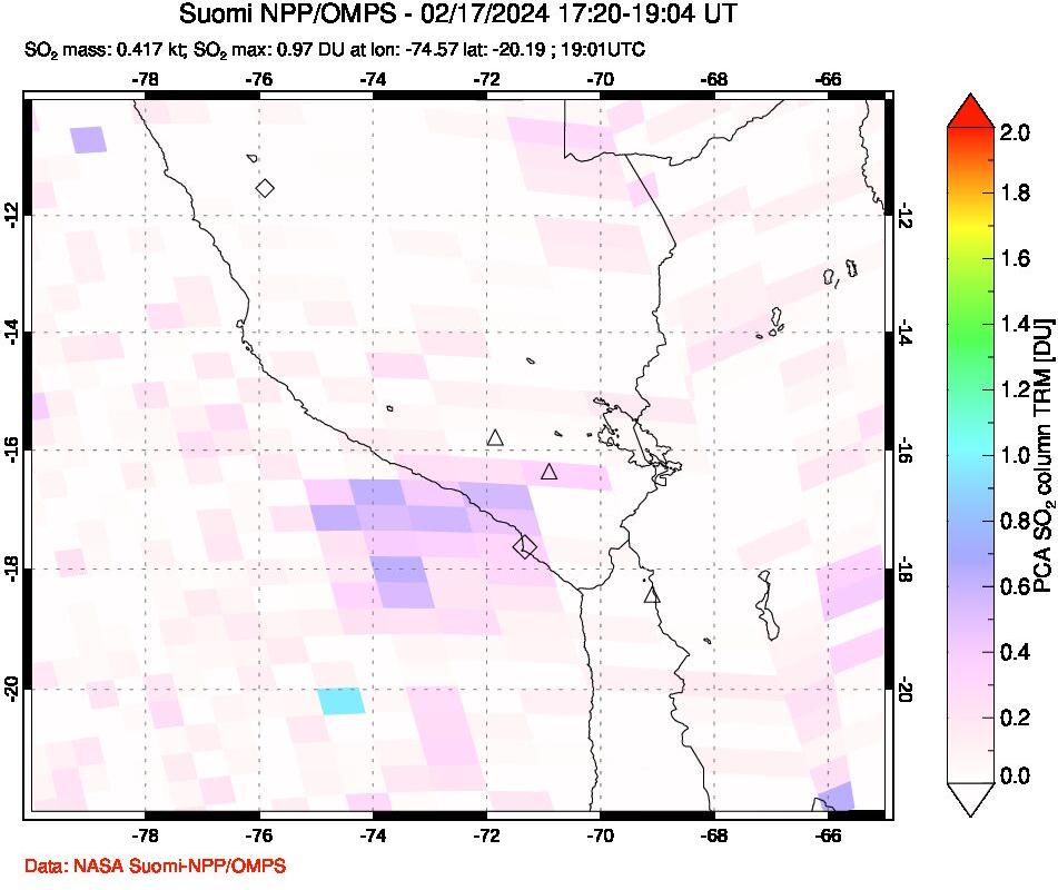 A sulfur dioxide image over Peru on Feb 17, 2024.