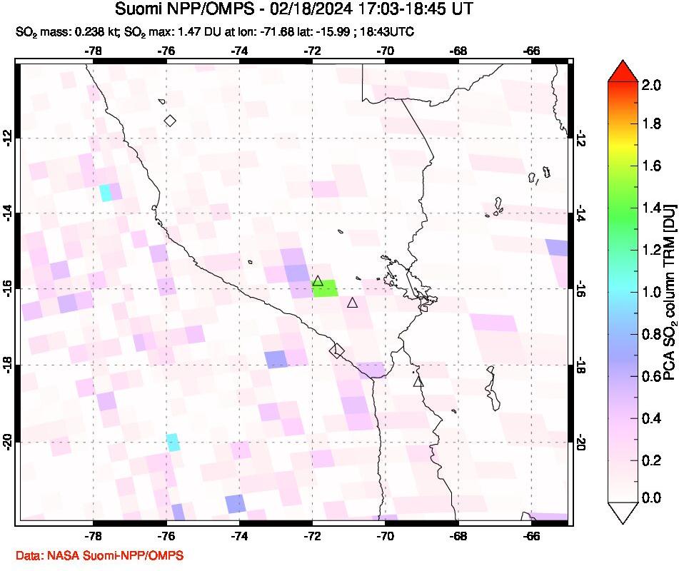 A sulfur dioxide image over Peru on Feb 18, 2024.