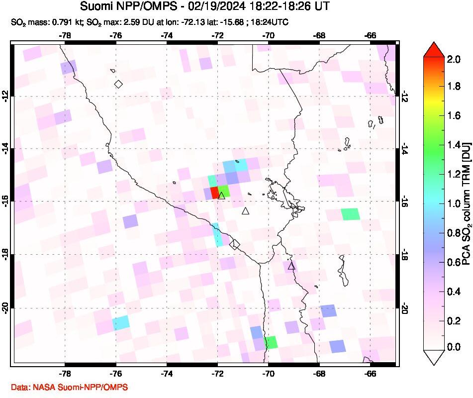 A sulfur dioxide image over Peru on Feb 19, 2024.