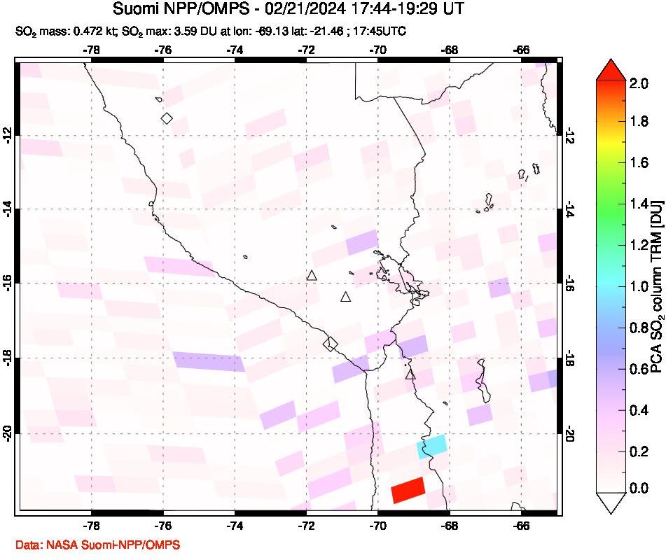 A sulfur dioxide image over Peru on Feb 21, 2024.