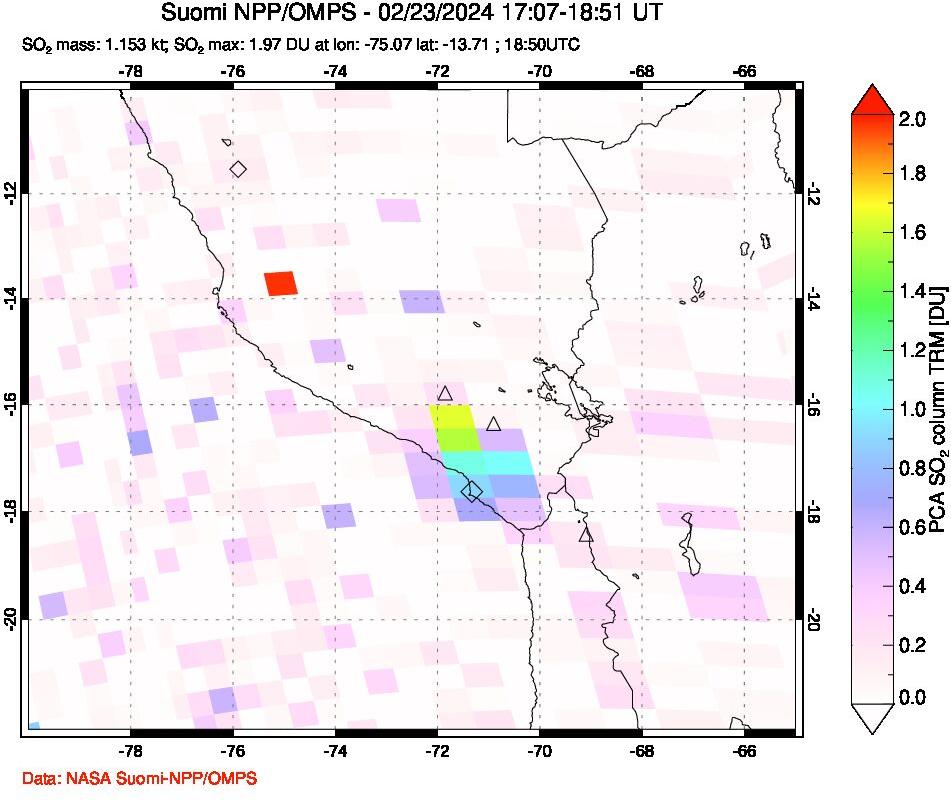 A sulfur dioxide image over Peru on Feb 23, 2024.