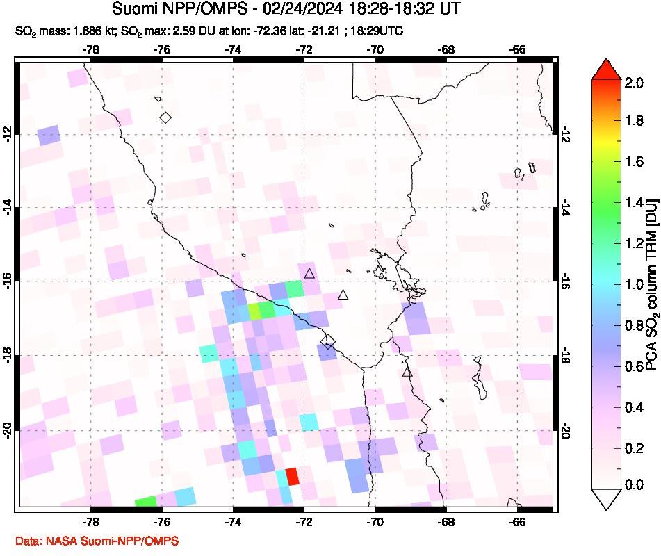 A sulfur dioxide image over Peru on Feb 24, 2024.