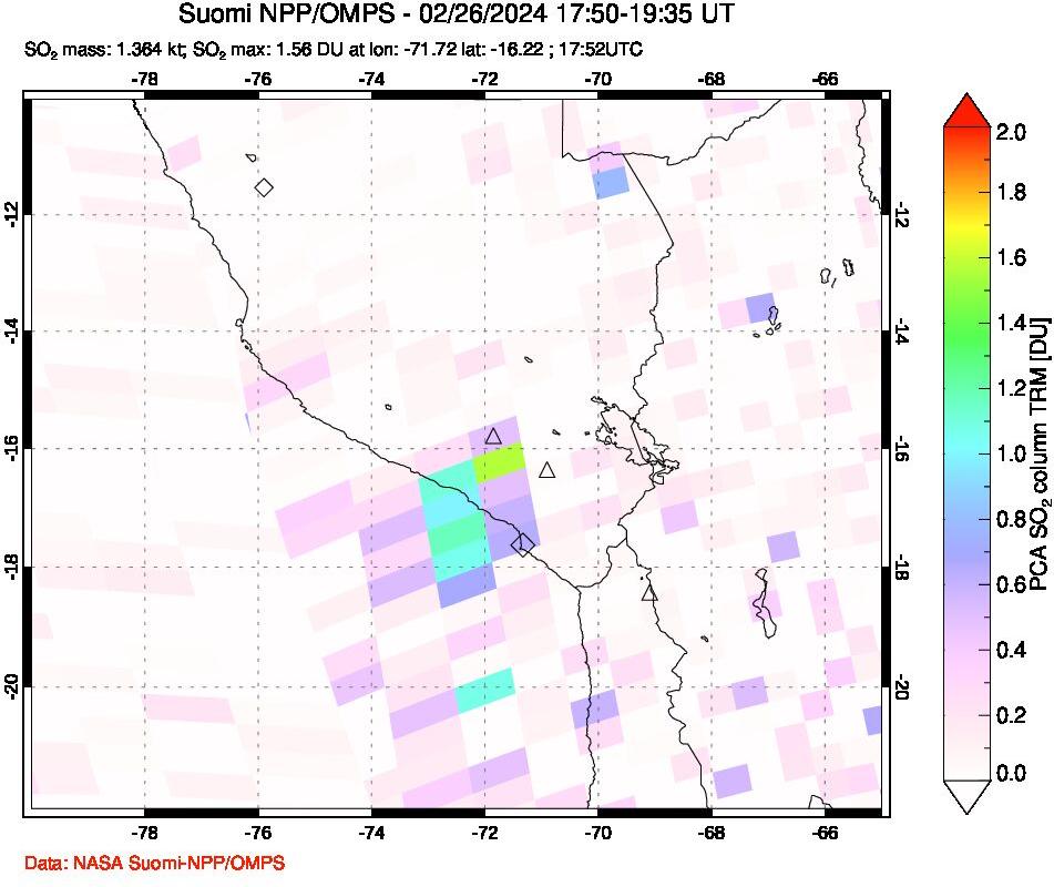 A sulfur dioxide image over Peru on Feb 26, 2024.