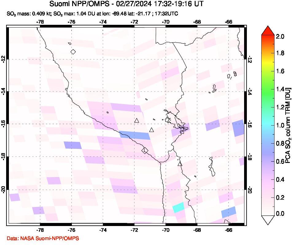 A sulfur dioxide image over Peru on Feb 27, 2024.