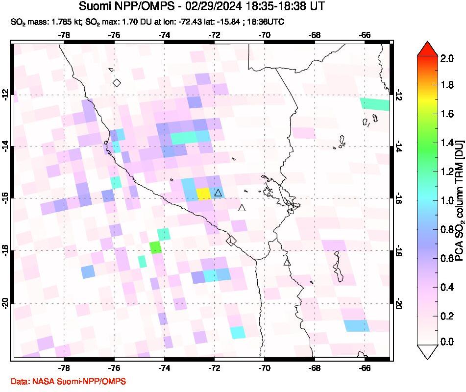 A sulfur dioxide image over Peru on Feb 29, 2024.