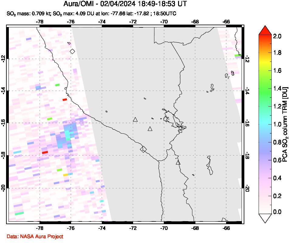 A sulfur dioxide image over Peru on Feb 04, 2024.