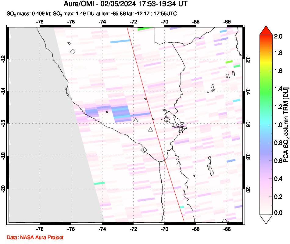 A sulfur dioxide image over Peru on Feb 05, 2024.