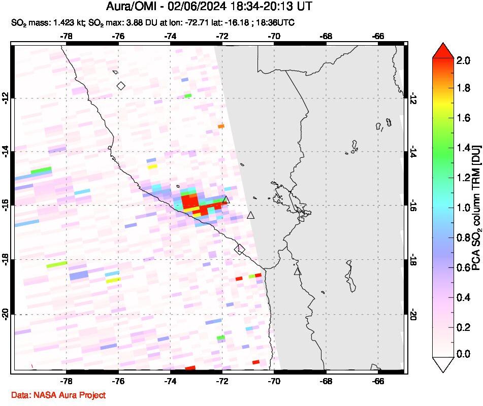 A sulfur dioxide image over Peru on Feb 06, 2024.