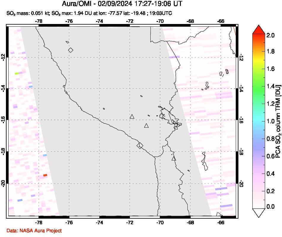 A sulfur dioxide image over Peru on Feb 09, 2024.