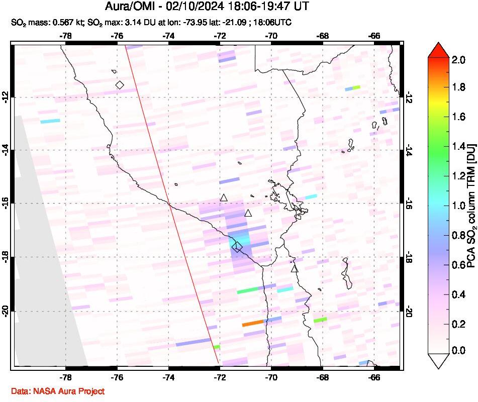 A sulfur dioxide image over Peru on Feb 10, 2024.