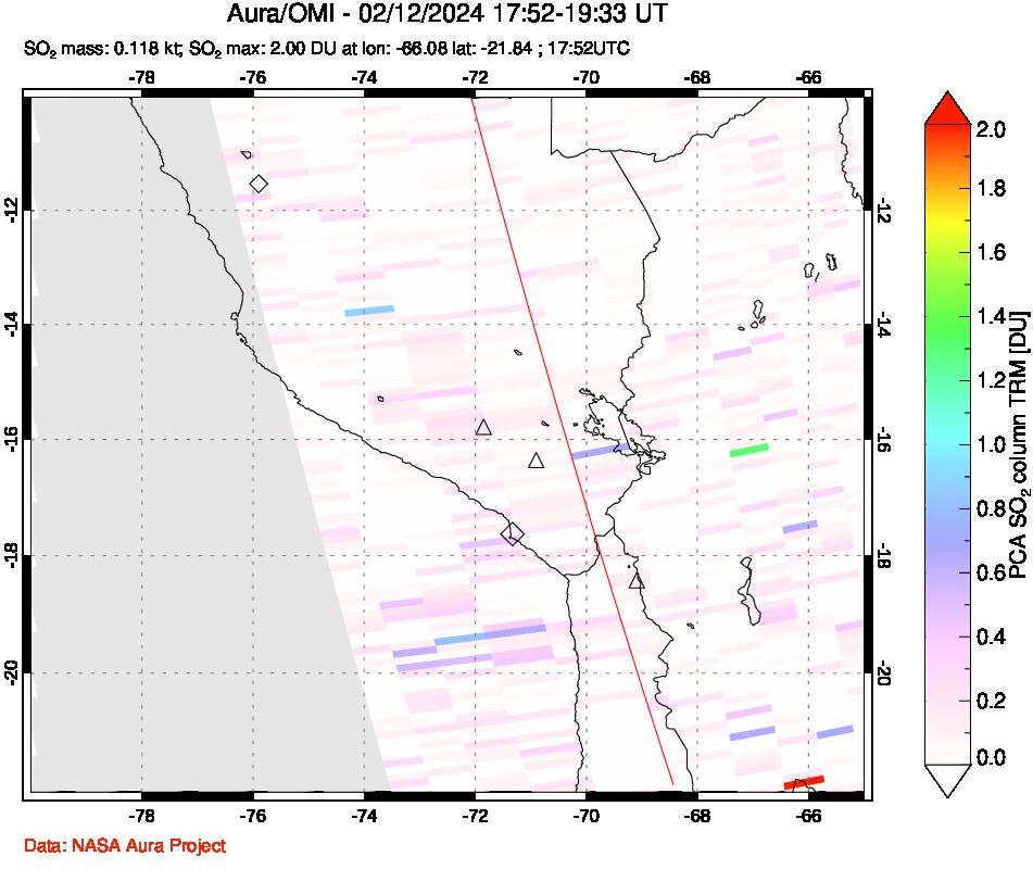 A sulfur dioxide image over Peru on Feb 12, 2024.