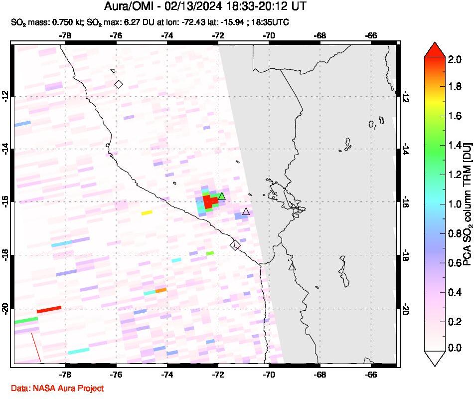 A sulfur dioxide image over Peru on Feb 13, 2024.